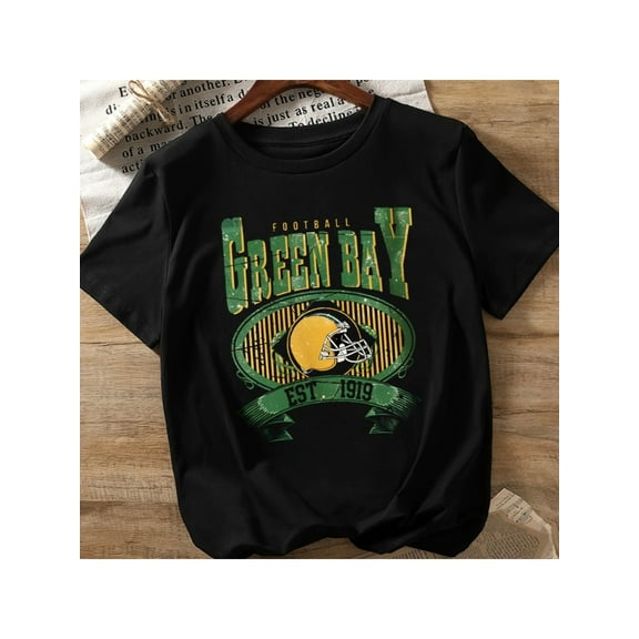 Green Bay Football Day Men's Casual T-Shirt - Black Knit Crew Neck with Bold "GREEN BAY" Print & Helmet Design, All-Season Comfort for Fans