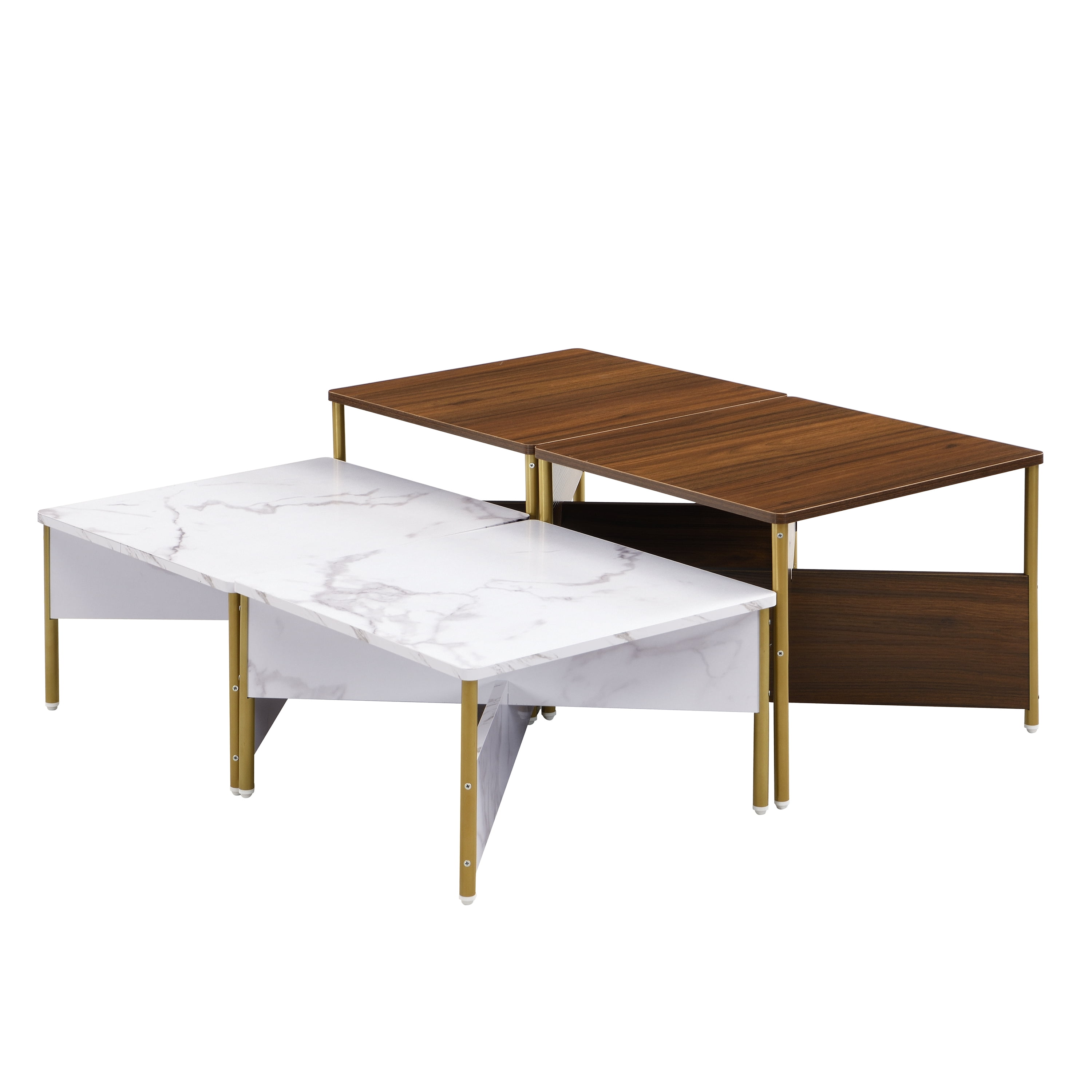 Euroco Modern Nesting Coffee Tables Set of 4 -Mid Century Modern Square Living Room Table, Free Adjustable Shape,Versatile and Stylish Accent Furniture for Your Living Room White & Walnut Color