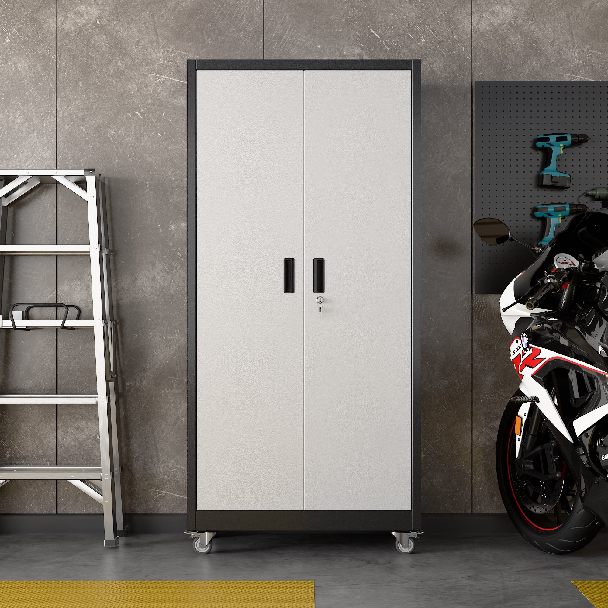Aobabo Metal Garage Storage Cabinet with Wheels, Rolling Tool Storage Cabinet with 5 Adjustable Shelves and Pegboard for Home Office Utility Room,Required Assembly,Black Silvery 71" H×32" W×16" D