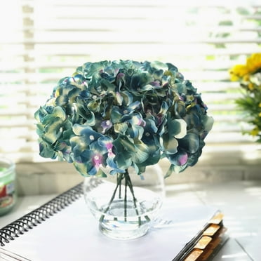 Enova Home Artificial Azure Hydrangea Silk Flowers Arrangement in Round Clear Glass Vase with Faux Water