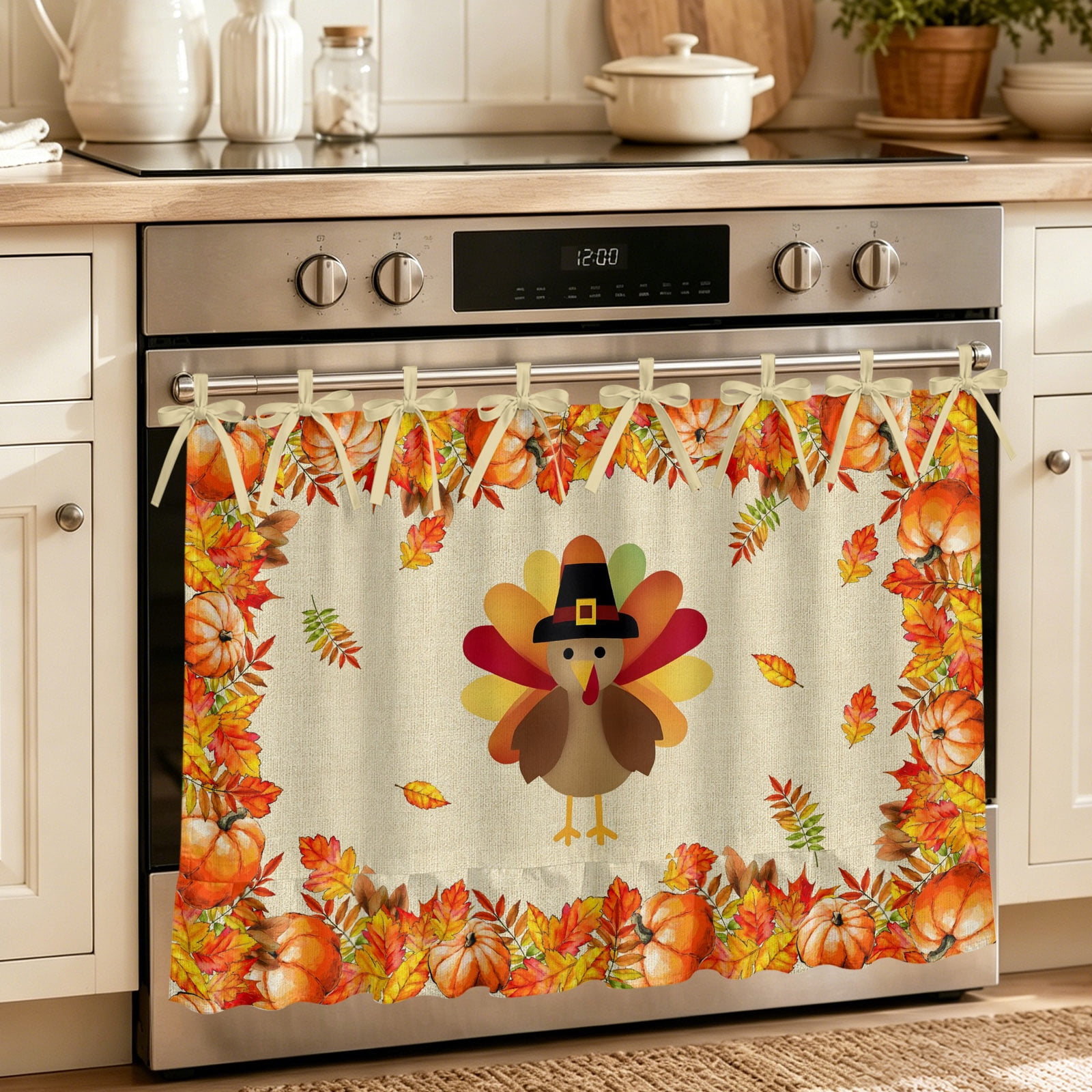 Oven Curtain for Kitchen Thanksgiving Turkey Fall Orange Maple Pumpkin Stove Curtain With Ruffled Trim Dishwasher Curtains Farm Vintage Linen Oven Skirt 27 x20