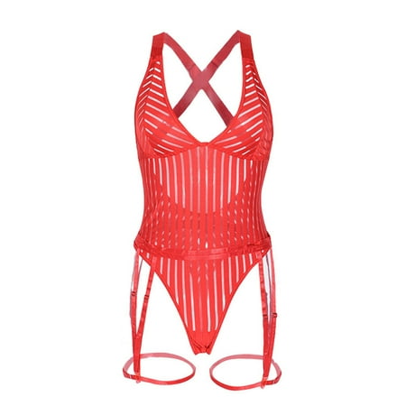 WTXUE Shapewear | Shapewear Bodysuits Valentines Day Lingerie Womens Striped Sheer Mesh Patchwork Lingerie Jumpsuit Backless | 1 Piece Red L