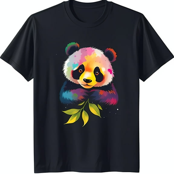Vibrant Rainbow Panda Graphic Black T-Shirt Whimsical & Playful Design