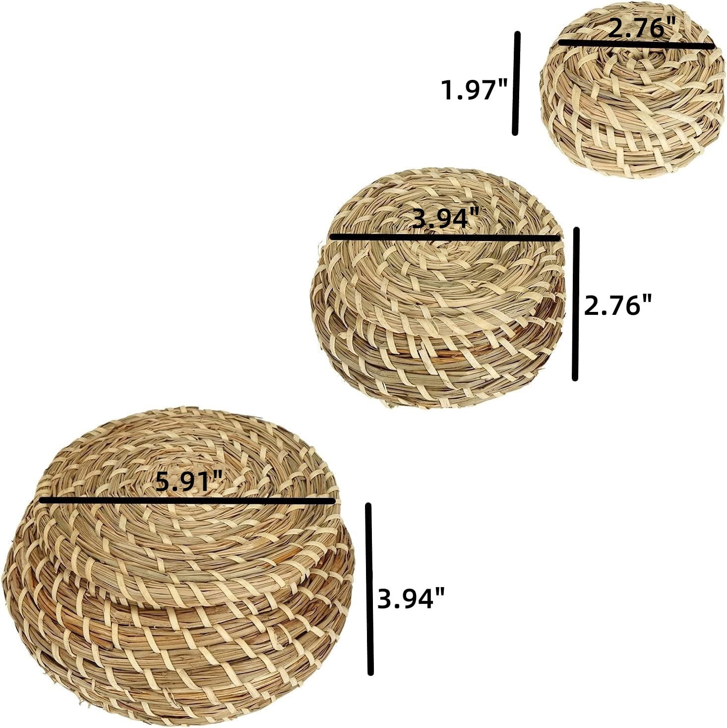 LQQBOX Set of 3 Small Wicker Basket with Lid, Round Woven Seagrass Baskets, Little Handmade Rattan Storage Basket Box for Shelf, Home, Bathroom Decor