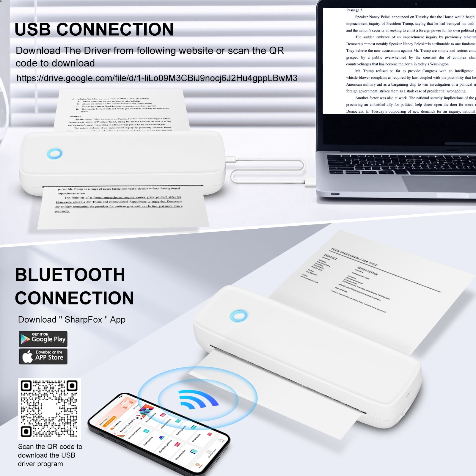Wireless Portable Printers, Bluetooth Thermal Printer Support 8.5" X 11" US Letter & A4 Thermal Paper, Inkless Printer Compatible with Android iOS & Laptop for Travel Office Car Home, White
