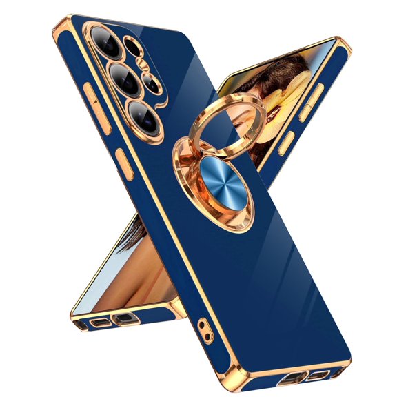 LeYi Case For Samsung Galaxy S25 Ultra: 360° Rotatable Magnetic Stand, Rose Gold Plated Edge，Blue