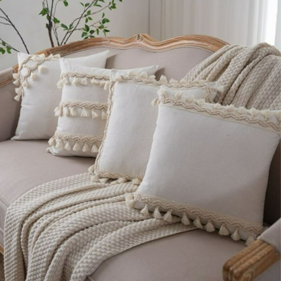 Pillow Case Cover | Beige Polyester Cushion Cover with Tassels | 17.7x17.7in | Modern Fringe Design for Sofa, Chair, Couch, Car, Living Room Decor | Zipper Closure | 1 Pack