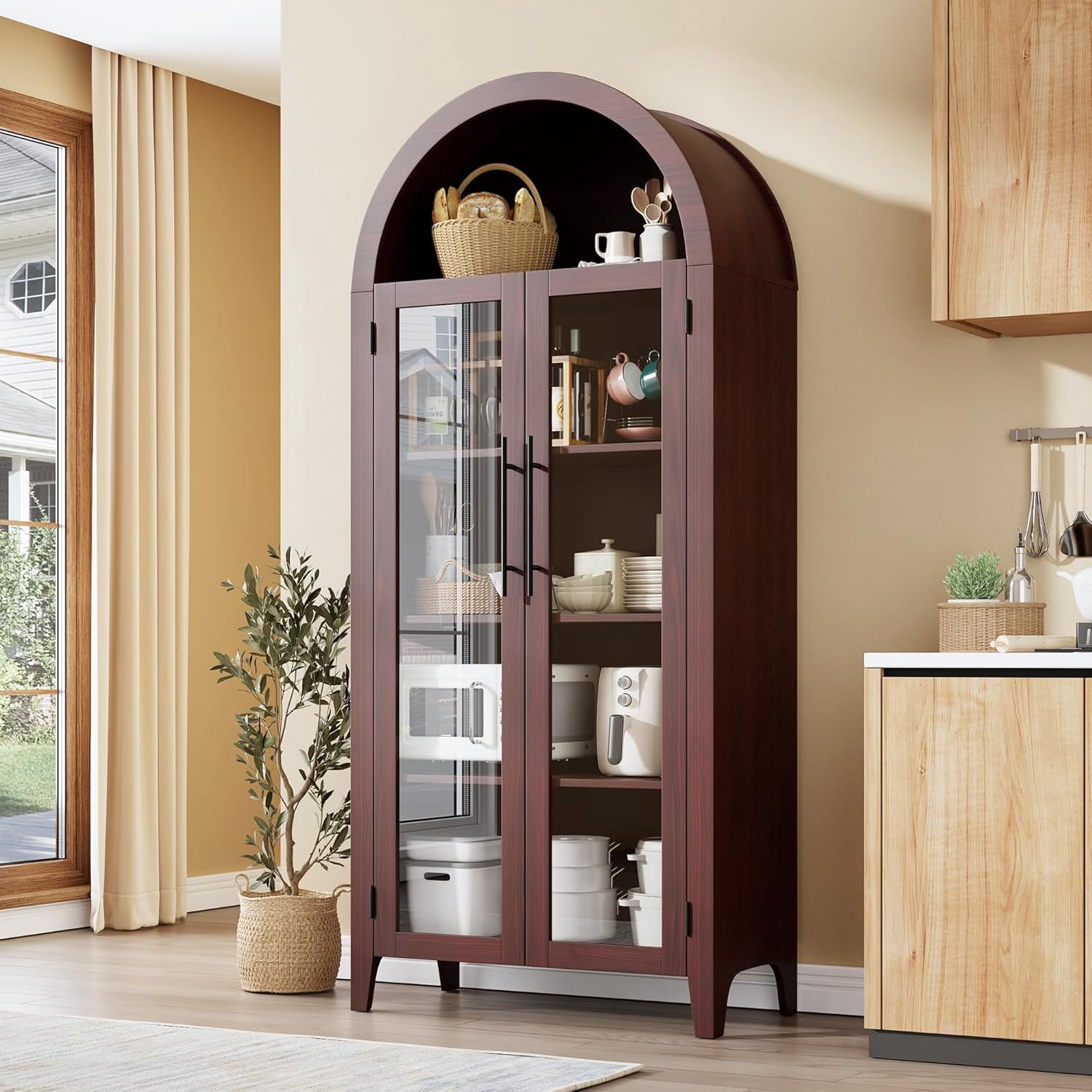 Memoryfield Farmhouse 5 Tier Bookcase Display Shelf, with Adjustable Shelf and 2 Large Glass Doors, Arched Kitchen Pantry Cabinet, Versatile Storage Cupboard, Walnut