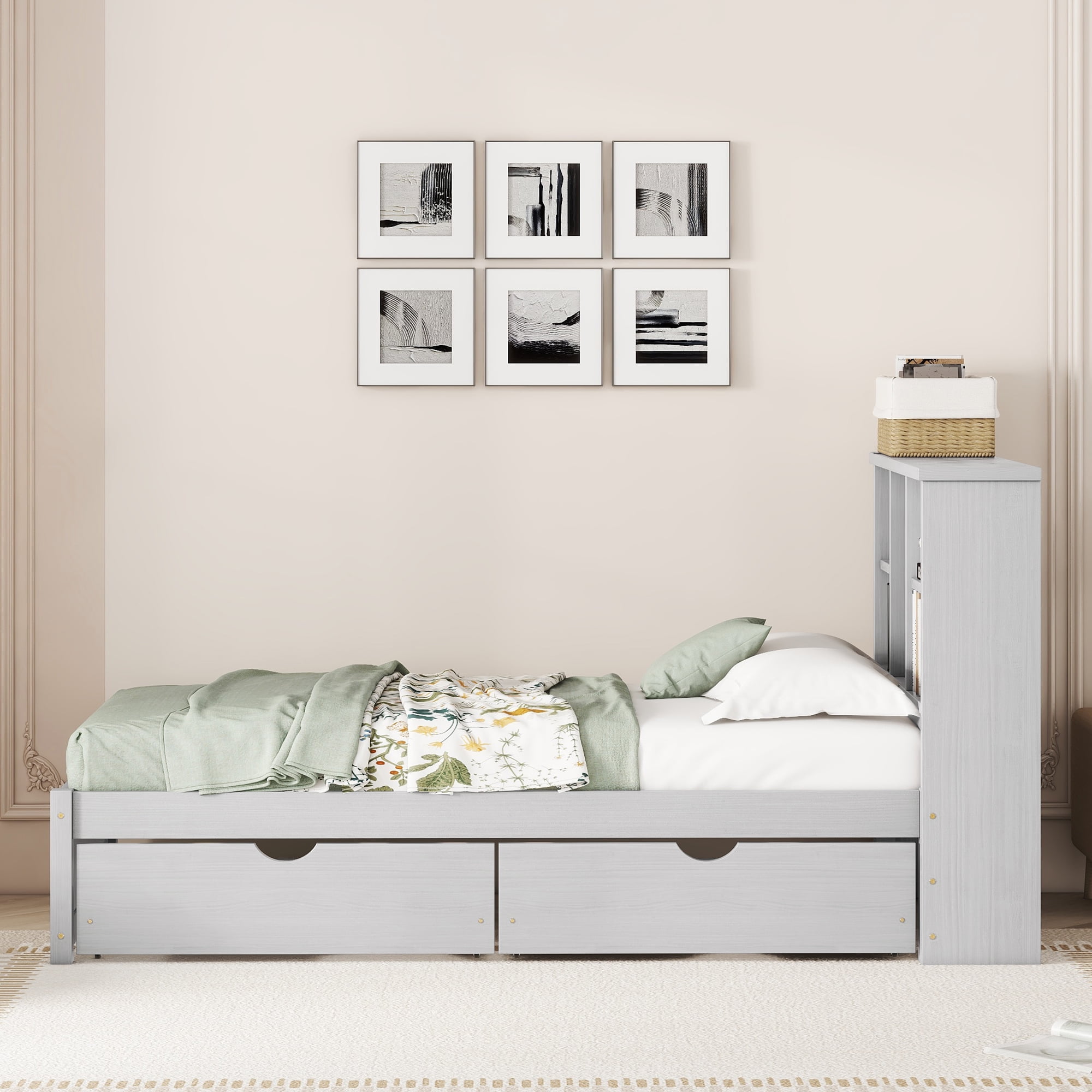 Miniyam Twin Size Bed with Built-in USB Port, Bookcase, Drawers for Kids and Teens, Gray