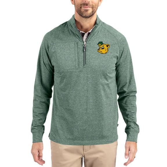Women's-Cutter & Buck  Heather Green Baylor Bears Adapt Eco Knit Stretch Recycled DryTec Raglan Quarter-Zip Pullover