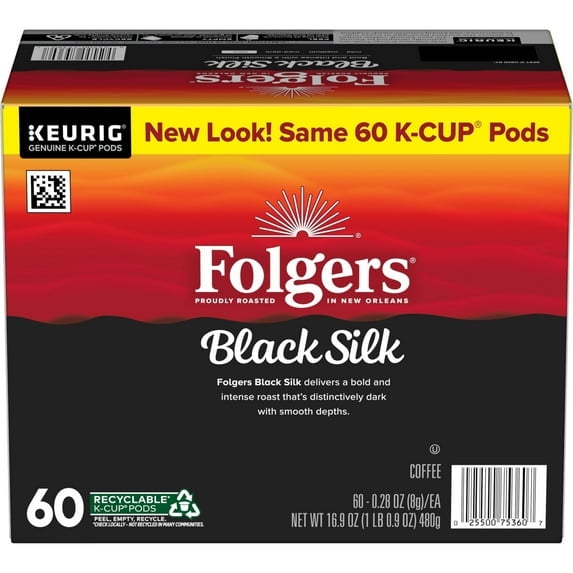 Folgers Black Silk, Dark Roast Coffee, Keurig K Cup Pods, 60 Count Box - 2pack