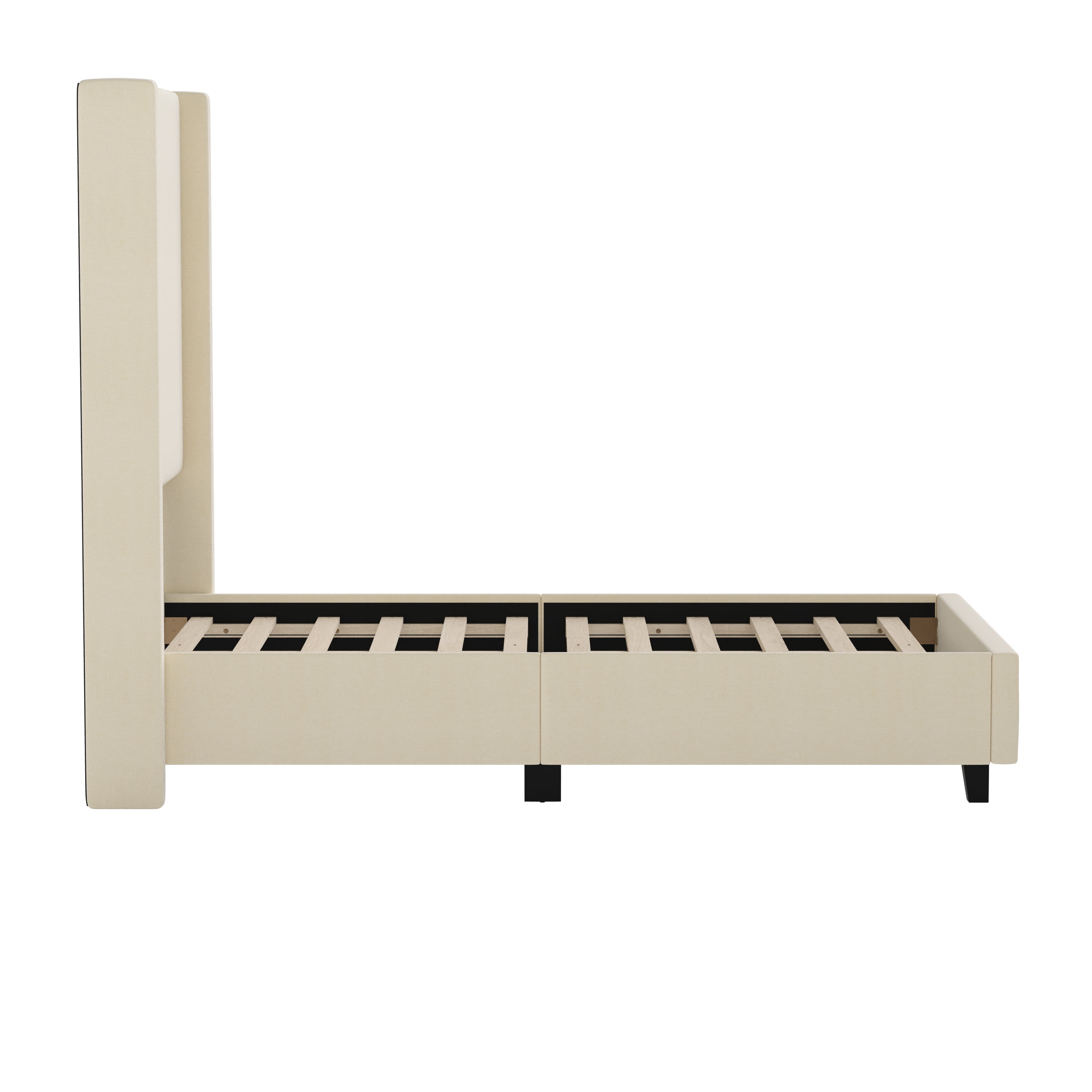 Flash Furniture Quinn Twin Upholstered Platform Bed with Channel Stitched Wingback Headboard, Mattress Foundation with Slatted Supports, No Box Spring Needed, Beige