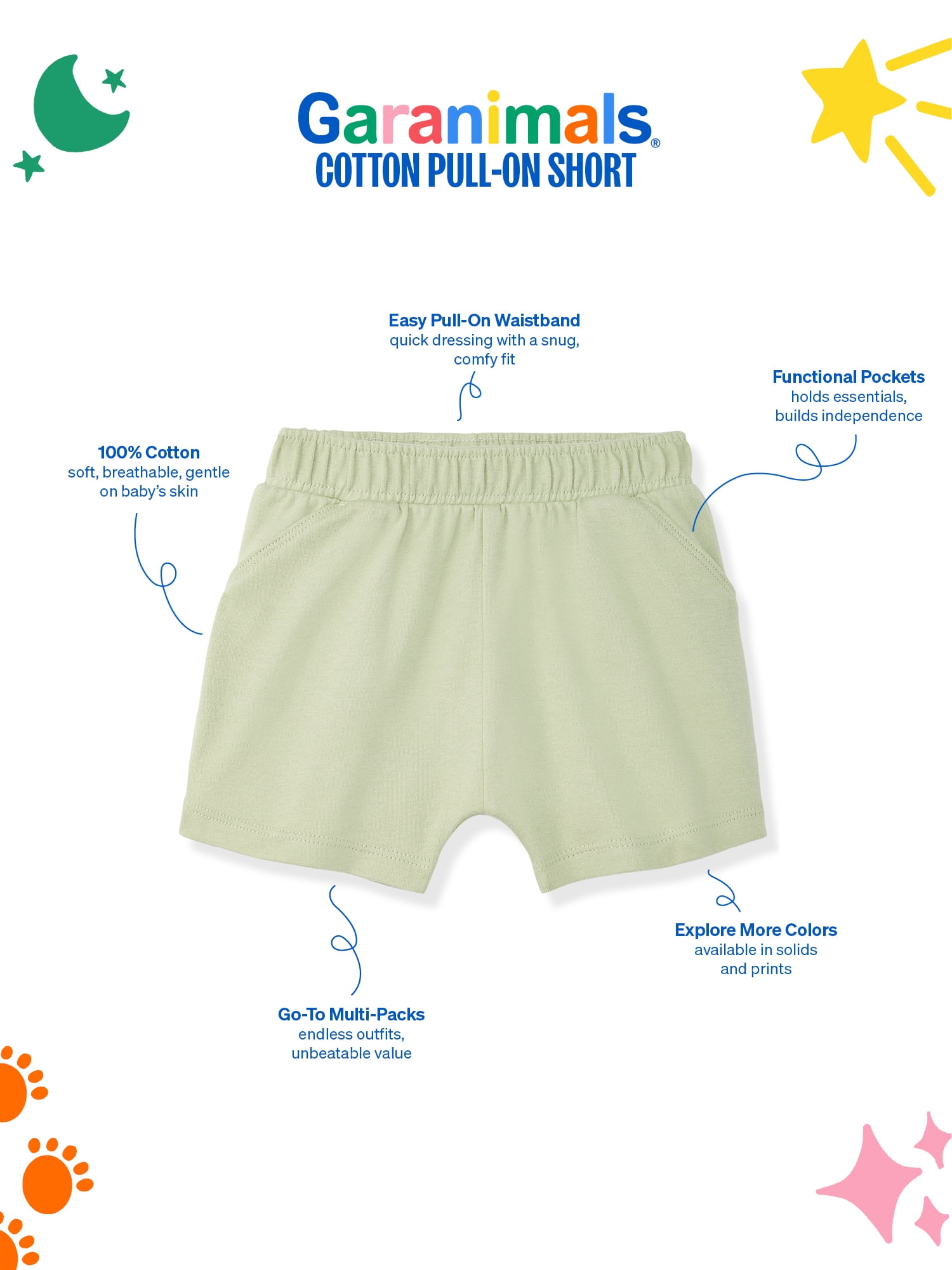 Garanimals Newborn & Baby Boy Cotton Pull-On Shorts, Solids & Prints, 3-Pack, Sizes 0–24M