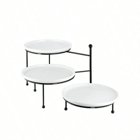 Yedio 3 Tiered Serving Stand With White Porcelain Plates 10 Round Tray Dessert Table Display Set Round Dishes With Black Metal Display Stand For Veggie Fruit Cookies