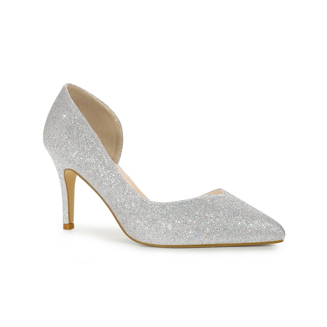 BLISSFUL STEP Glitter Pointed Toe Stiletto Heels Pumps for Women Silver 11