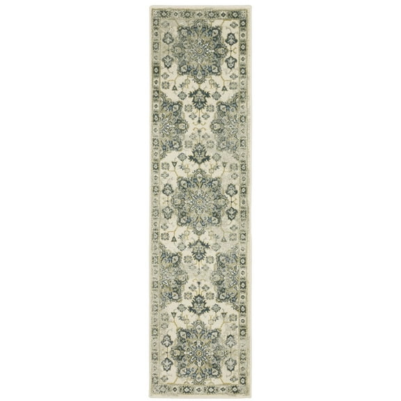 Oriental Weavers Branson Area Rug - BR04B - 1'10" x 7'3" - in Ivory/ Blue - Vintage Inspired, Stain Resistant, Family and Pet Friendly , Entryway, Hallway Runner Rug