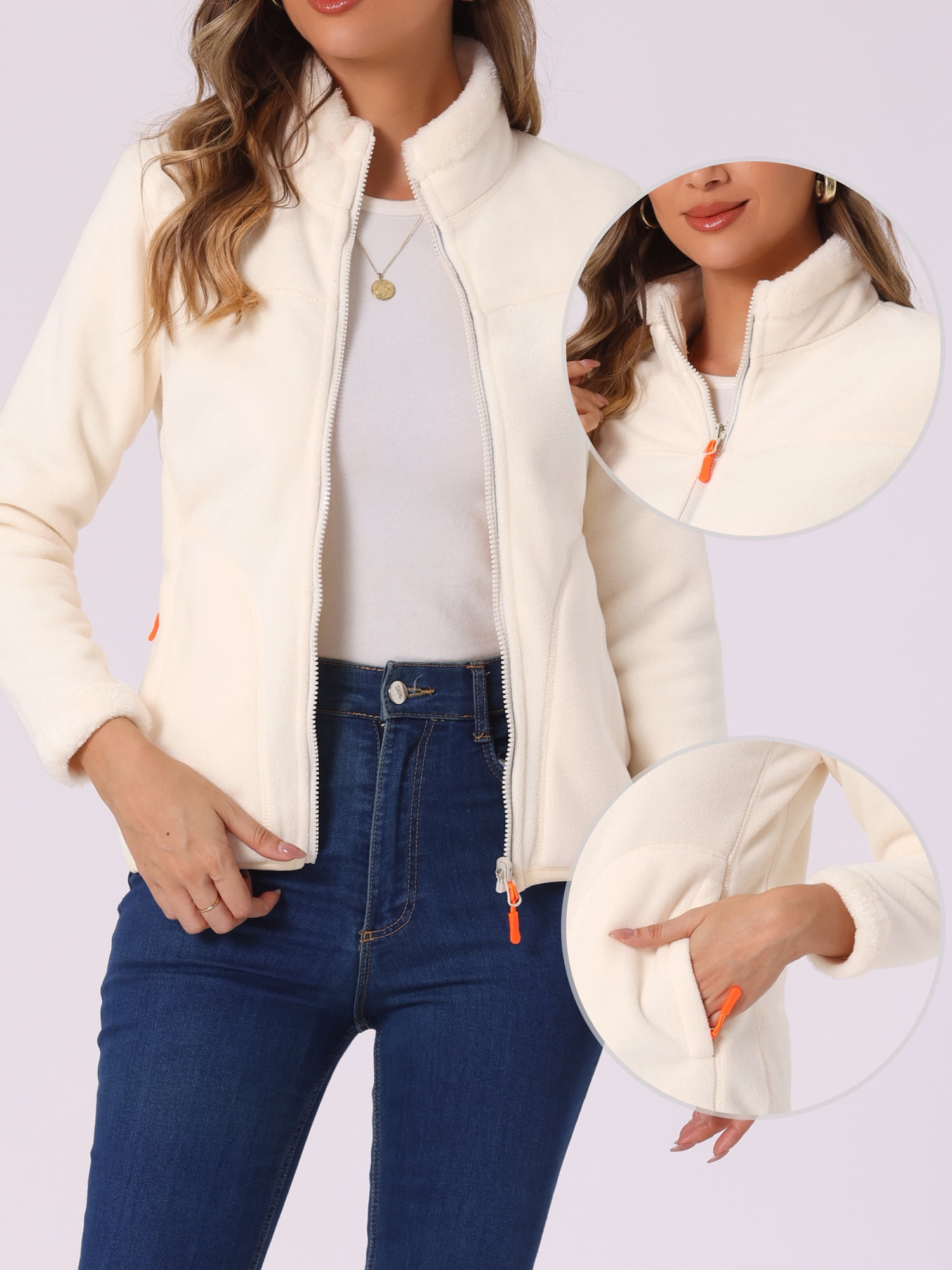 Unique Bargains Women's High Neck Full Zip Fleece Jacket Coat S White