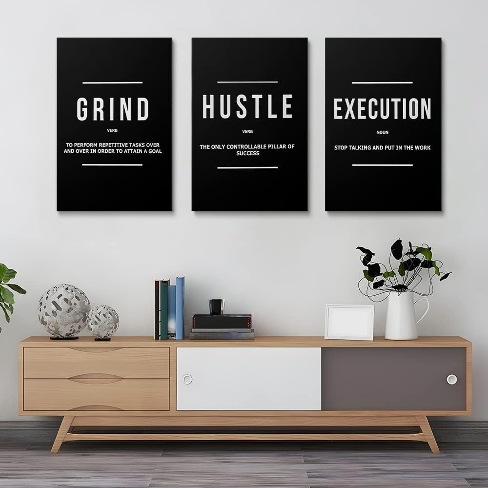GUBIYU Hustle Grind Execution Wall Art Set of 3 Framed Canvas Black Motiviational Wall Art Home Office Wall Decor Inspirational Positive Quotes Posters Success Entrepreneur Gifts for Mens Guys 12"x16"