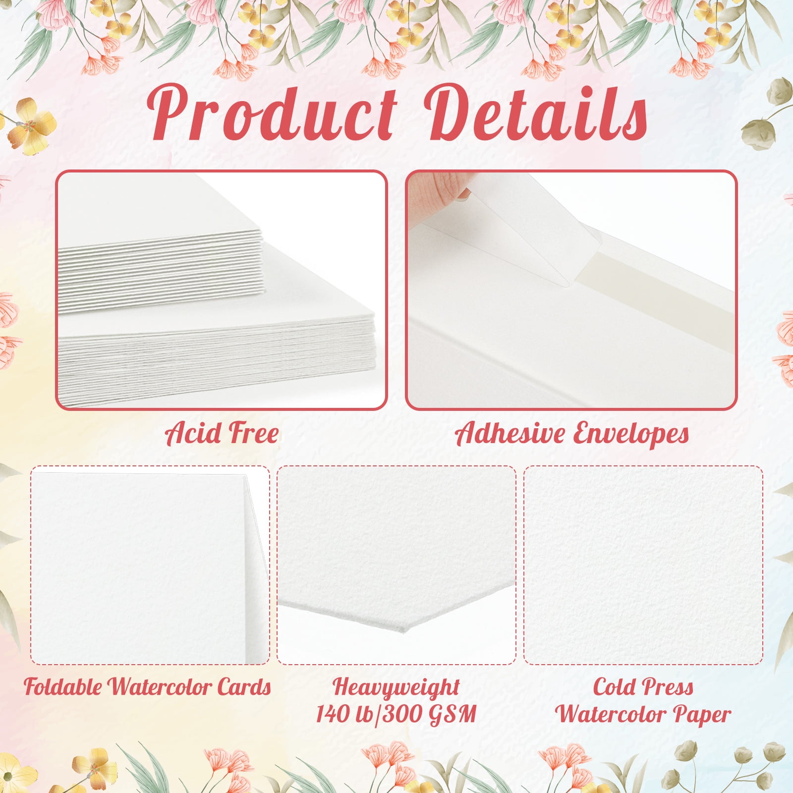 20 Sets Watercolor Cards with Envelopes, 140 lb/300 GSM Watercolor Paper, 4x6 Inch Foldable Blank Cards and Envelopes for Greeting Card, Wedding Invitations, Thank You Card