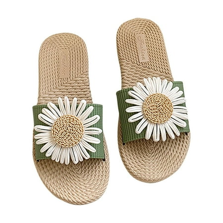 

Beach Sandals for Women Boho Flower Imitation Straw Vintage Slides Lightweight Soft Anti Slip Open Toe Dress Slippers
