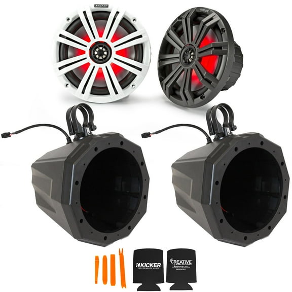 Kicker 45KM84L 8" RGB LED Marine Speakers with SSV US2-C8 Universal 8-inch Cage Mount Speaker Pods Including 1.50" Dual Clamps