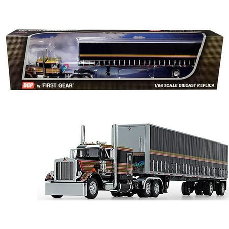 First Gear 60-0753 Peterbilt 359 with 63 Flattop Sleeper Cab with 53 ft. Utility Tautliner Spread-Axle Trailer Black with Gold & Red Stripes 1-64 Diecast Model