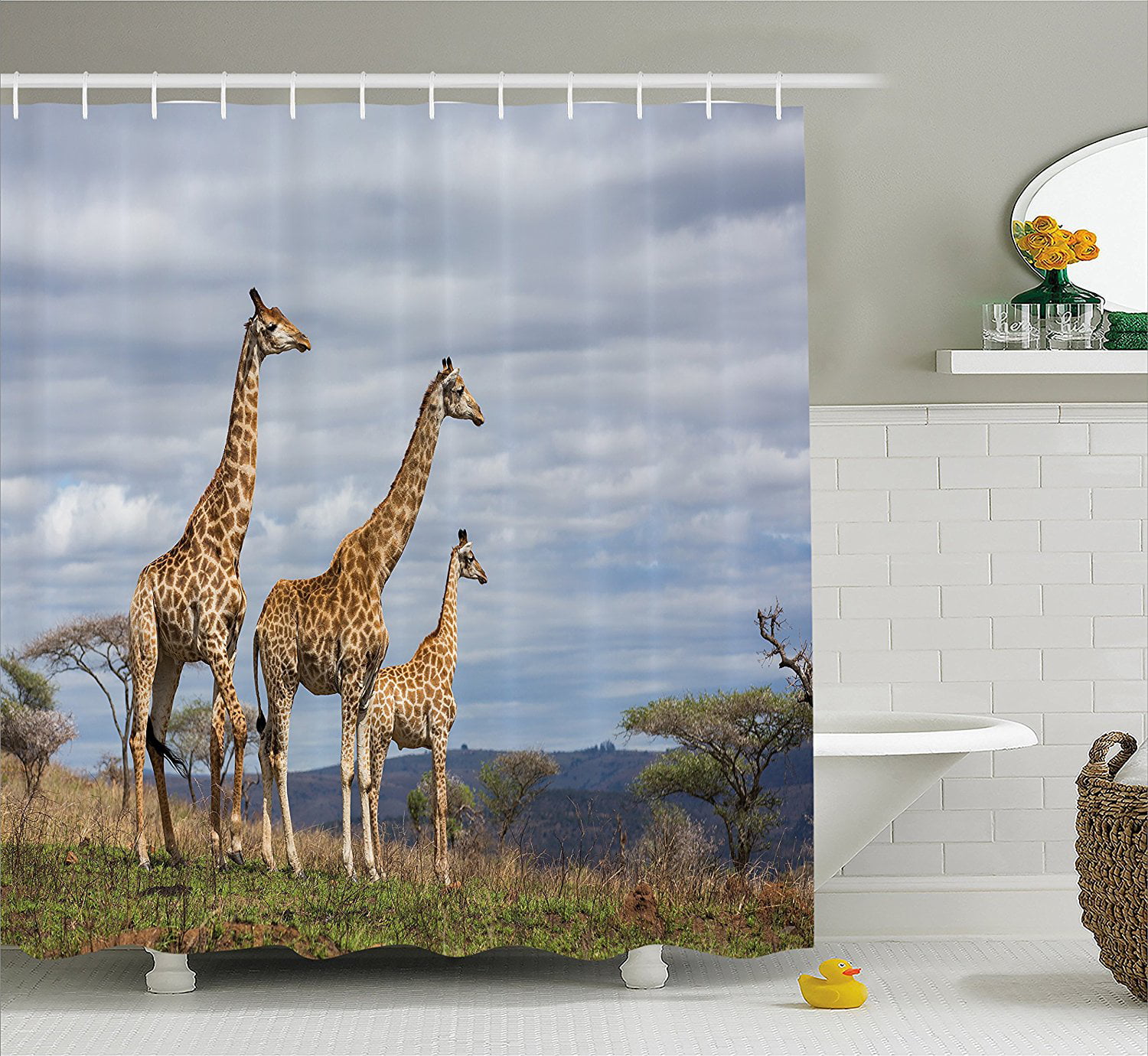 Animal theme Shower Curtain Elephants and grasslands print for Bathroom 71inch 