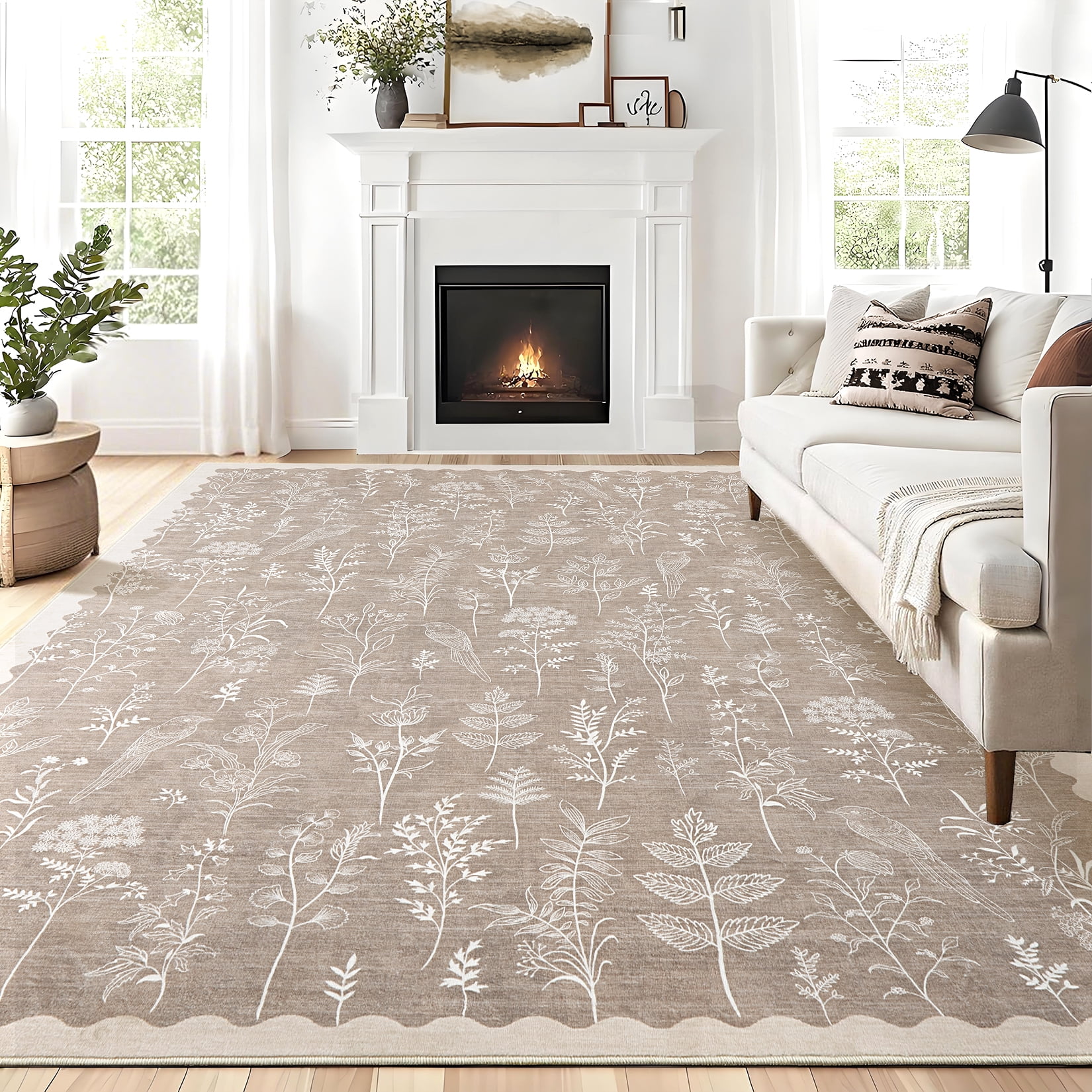 Hasoo 9' x 12' Large Area Rug for Dining Room Durable Washable Floral Indoor Scallop Border Carpet Stain Resistant Rugs for Bedroom, Camel
