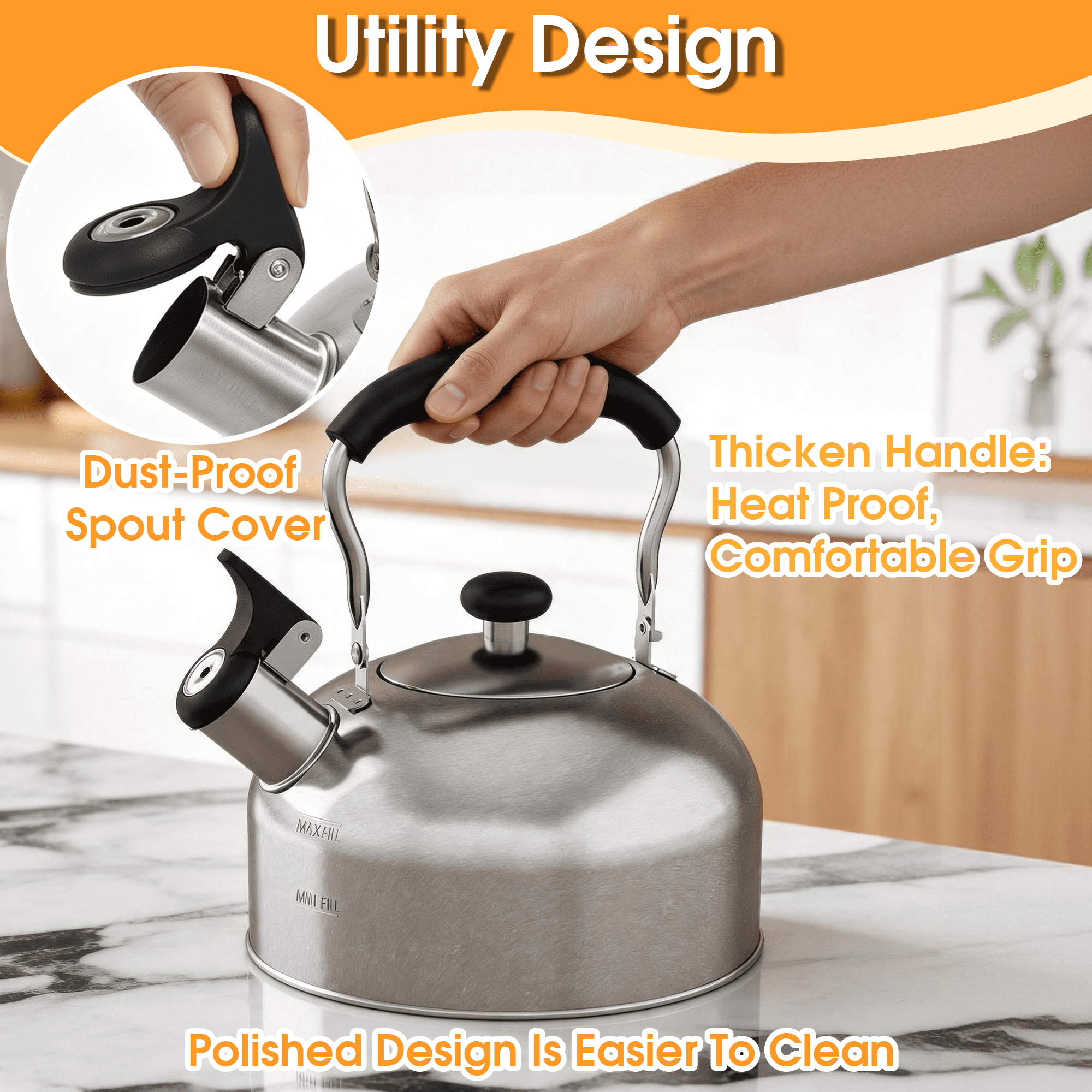 2L Stainless Steel Whistling Tea Kettle, Stovetop Water Kettle with Heat Resistant Handle, Dust-Proof Spout Stove Top Teapot for Gas & Induction Cooktops