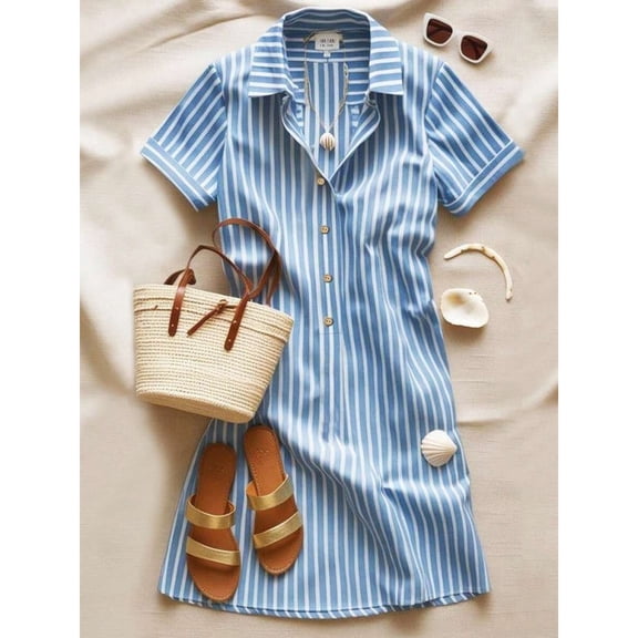 Blue And White Striped Lapel Short Sleeve Casual Shirt Dress For Women