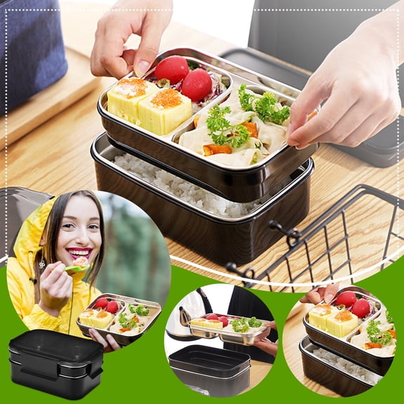 Portable Food Warmer Lunch Box,Double-Layer Stainless Steel Lunch Box Fresh-Keeping Box Sealed insulation Lunch Box,Black