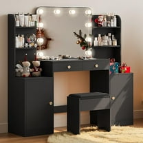 53" Black Vanity Set with Mirror and Lights, Akaber Makeup Vanity Desk with Chair and Charging Station for Bedroom