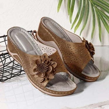 LoyisVidion Floral Fish Mouth Slides - Woman Fish Mouth Collection Leather Soft Footbed Orthopedic Arch-Support Sandals