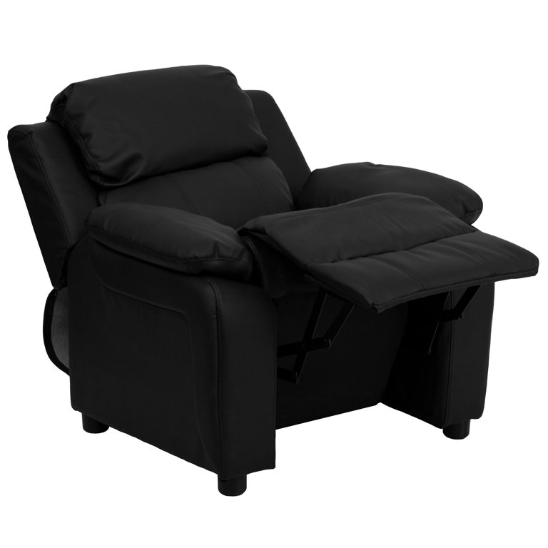 Flash Furniture Deluxe Padded Contemporary Black LeatherSoft Kids Recliner  with Storage Arms