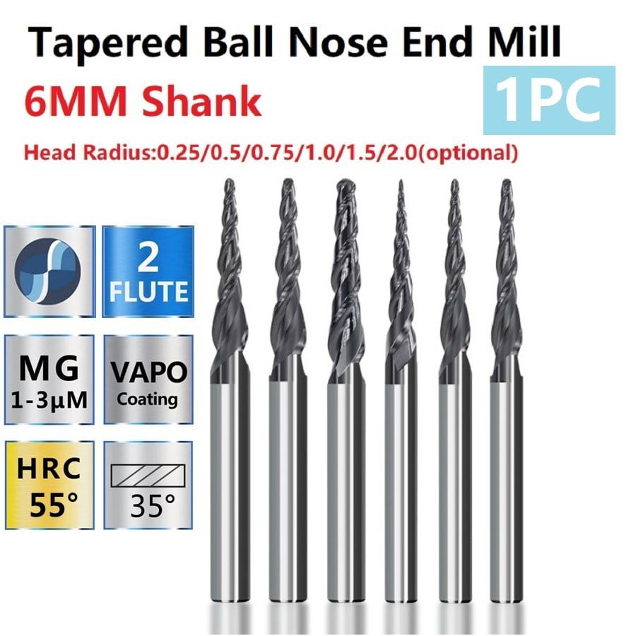 6 Pcs Carbide Tapered Ball Nose End Mill 30.5mm Flute For Carving CNC Cut Tools 