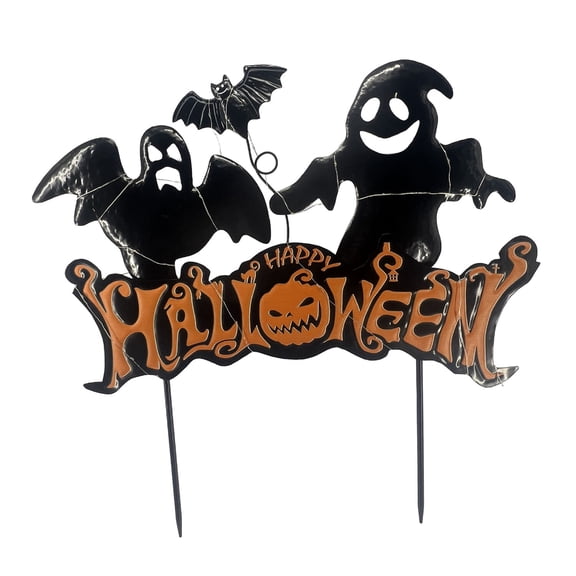 Haunted Hill Farm Halloween Decoration Black Happy Halloween Ghost Stake Sign Warm White 1.7-Ft.