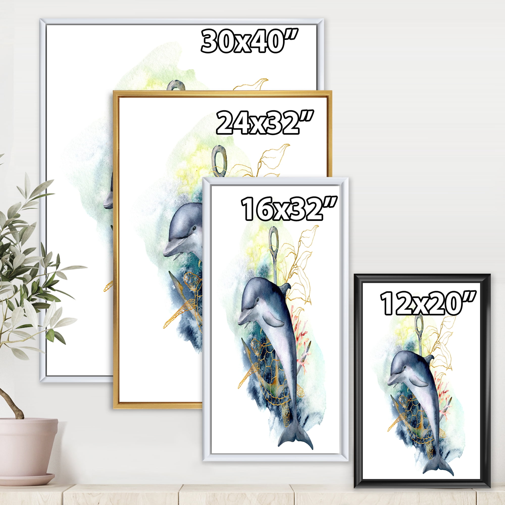 Linear Coral Reef Plants and Dolphin Turtle Anchor 24 in x 32 in Framed Painting Canvas Art Print, by Designart