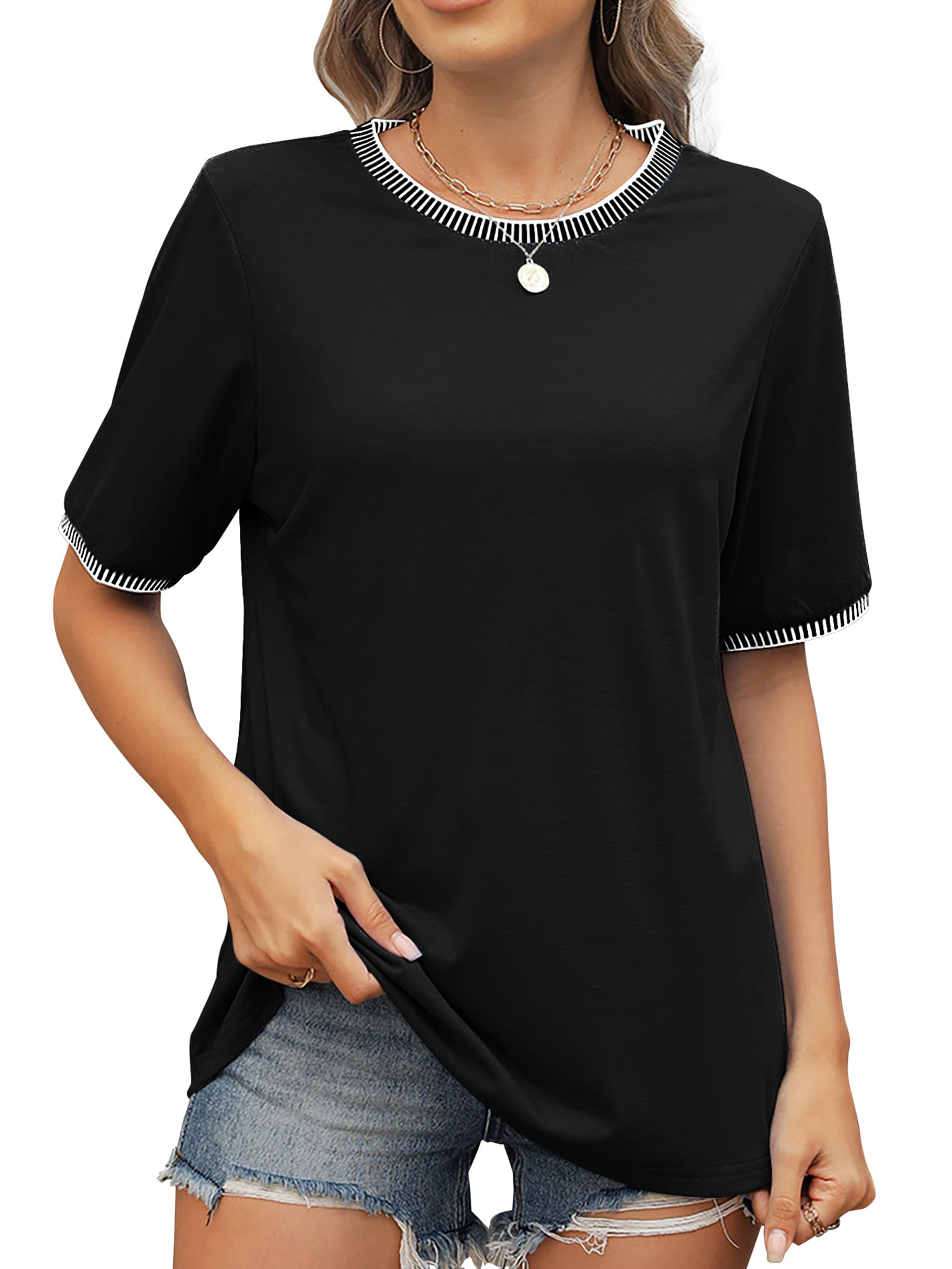 MOSHU Dressy Women Tops Crewneck Blouses for Women Striped Colorblock Short Sleeve Shirts Casual Summer Tops