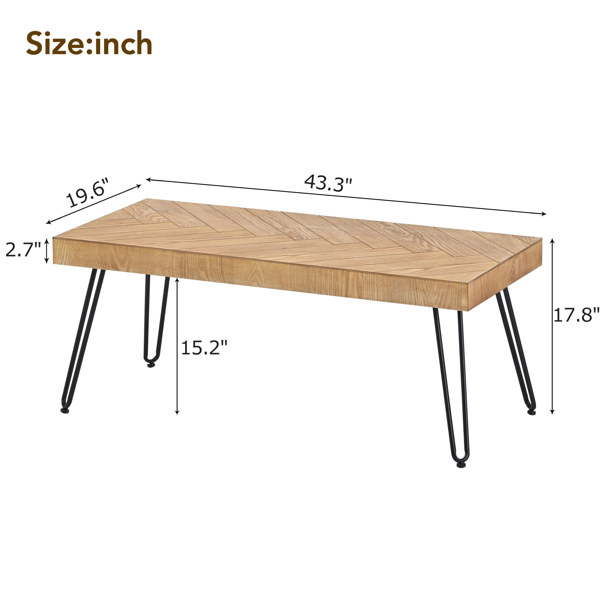 MAYEERTY Modern Coffee Table with Chevron Pattern & Metal Hairpin Legs, Easy Assembly Tea & Cocktail Table for Living Room, Ash Wood Finish