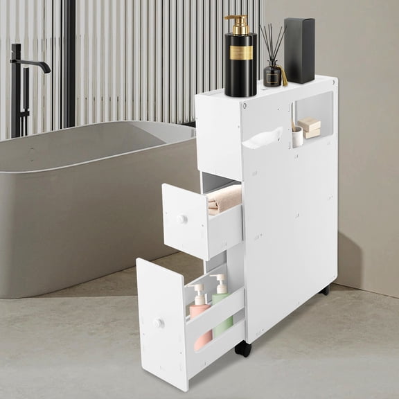 Bathroom Storage Cabinet, Storage Cabinet with Drawers, Movable Narrow Toilet Side Cabinet w/2 Slide Out Drawers, 2 Rattan Baskets & Shelves, Toilet Paper Holder on Wheels for Small Spaces