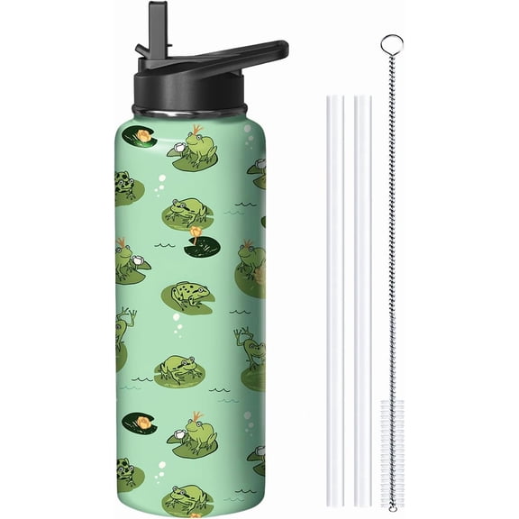 40oz Frog Water Bottle with Handle and Flip Straw, Animal Sports Stainless Steel Insulated Cup Travel Coffee Mug Tumbler, Birthday Mothers Day Chritmas Gifts for Women