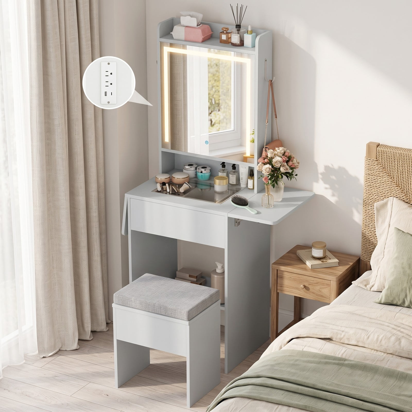 Furnibear Space Saving Vanity Desk with Foldable Drop Leaf Tables and LED Lighted Mirror and Storage Stool for Small Bedroom,White