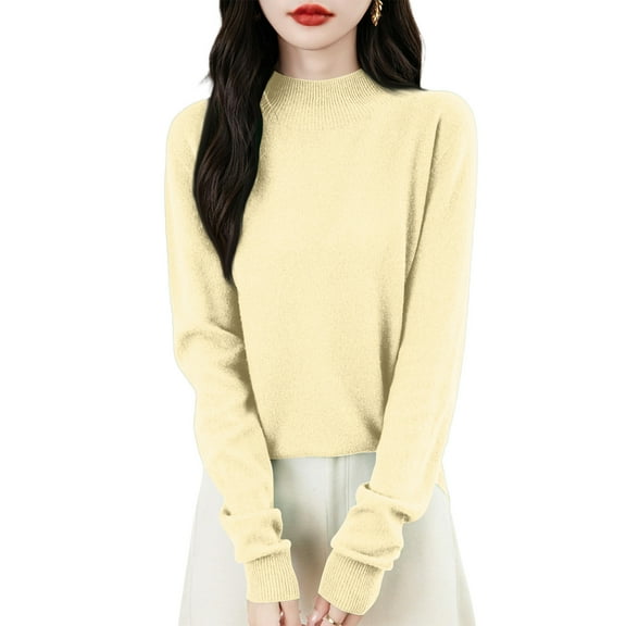 Stichou Women's Fall Sweater Mock Neck Long Sleeve Loose Fit Merino Wool Knitted Pullover Autumn Winter Basic Warm Tops Yellow M