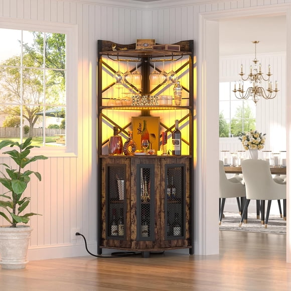 Muebles para Cocina, Gabinete para Vinos con Luces LED, Cantina Bar Mueble para Casa con Toma de Corriente, 5 Niveles Estante para Vinos y Copas, Gabinetes de Almacenamiento, 44*44*163cm (Marron)