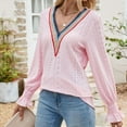 thumbnail image 3 of Scyoekwg Women'S Tops Long Sleeve V-Neck Eyelet Tops Crochet Lace Trim Elegant Shirts Solid Color Vintage Casual Fall Clothes Lightweight Loose Pullover, 3 of 5