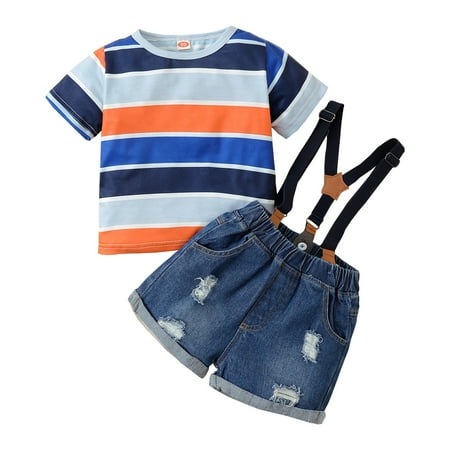 

Toddler Baby Boys Outfits Round Neck Stripe T-shirt Top +Ripped Jeans Straps Suspender Shorts 2PCS Clothes Set 18-24 Months