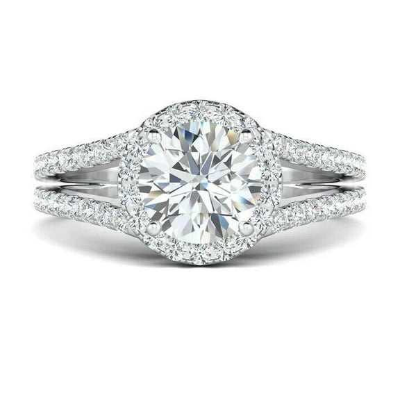 Women's Halo Split Shank Engagement Ring, Pave Set Promise Wedding Ring, 2 Ct Simulated Round Cut Diamond Wedding Ring, 14K White Gold Plated, Unique Diamond Ring Gift For Special Occasion