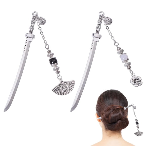 1set 2pcs Alloy Hair Sticks with Acrylic & Alloy Antique Silver & 193mm 2pcs/set