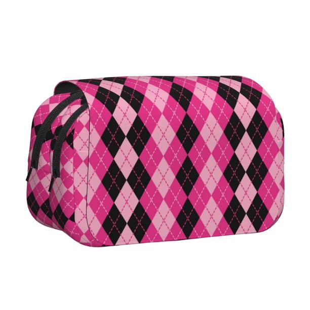Disketp pink and black argyle Estuche de Lápices de Doble Capa con Tapa Abatible y Cremallera, Organizador Escolar para Adolescentes y Adultos