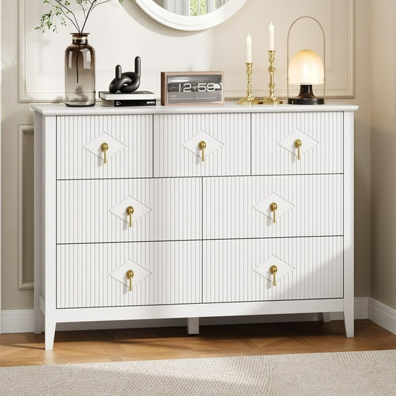 Ataucjin 7-Drawer Wood Dresser for Bedroom, Modern Chest of Drawers, 54 Inch Fluted Dresser,Storage Organizer Cabinet for Living Room, Hallway, Entryway